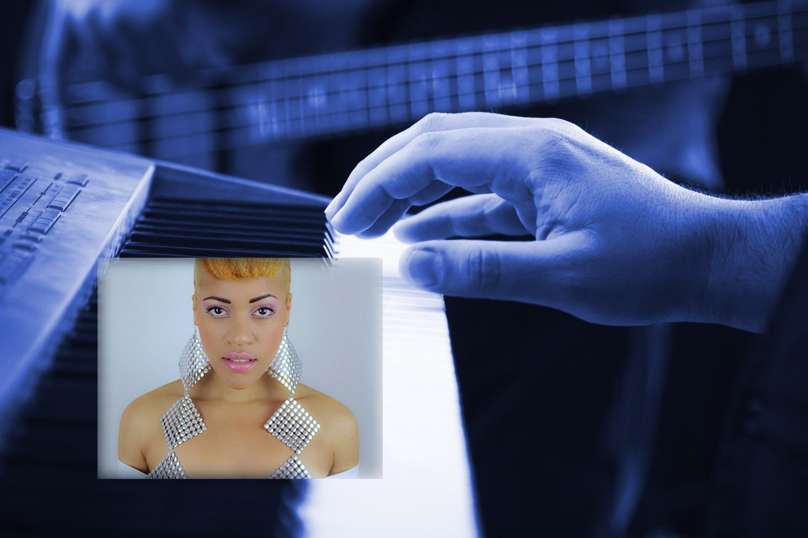 image of playing the piano with bass guitarist in background. Plus image of Élan Noelle.