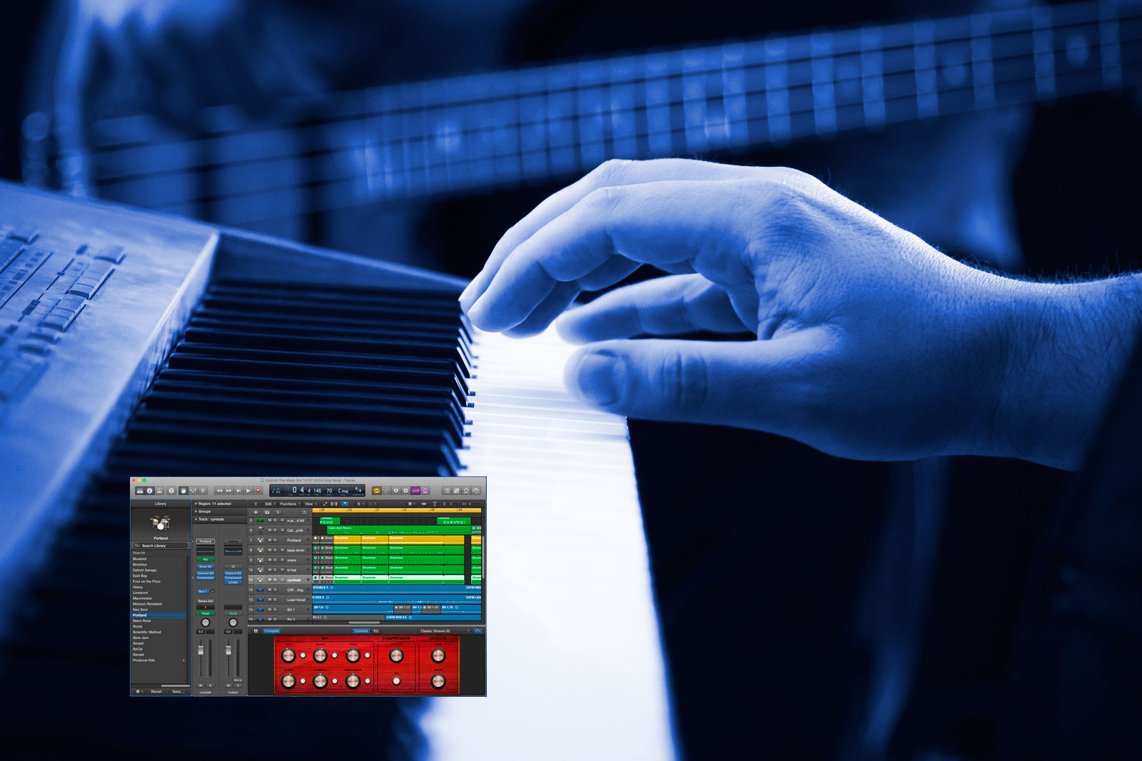 image of playing the piano with bass guitarist in background. Plus image of Logic Pro X interface.